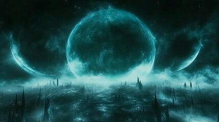 Ethereal teal double moons over a dark, fantastical landscape.