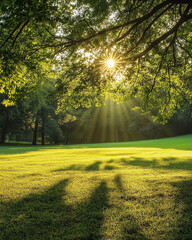 Obraz premium Sunlight paints a golden path through the autumn forest as morning light filters through the trees