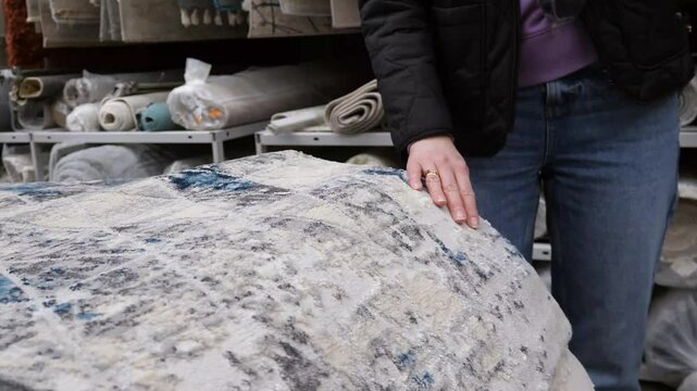 white woman touches and examines carpet in store. Young woman chooses carpet for home, housewife strokes carpet with hand, turns it over to make decision about purchase. Soft carpet for home comfort.