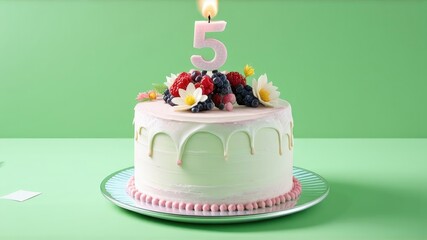 cake on green background, space for text, birthday greeting, five years, candle burning, berries and decoration on a cupcake