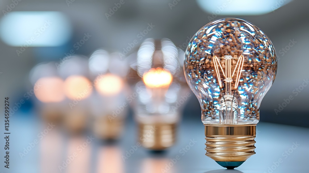 Poster glowing vintage light bulb with filament in warm golden color against blurred background of multiple