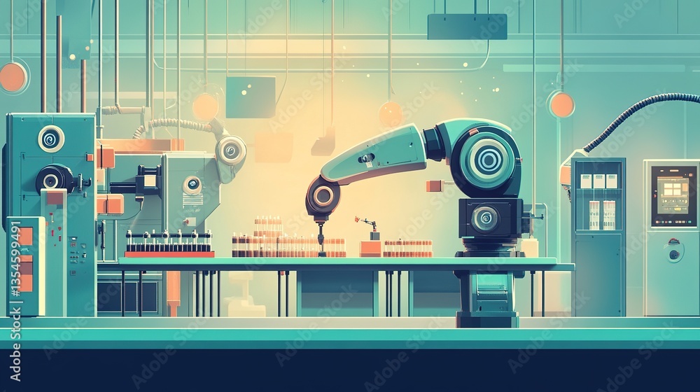 Poster automated robotic arms assembling products in a smart factory.