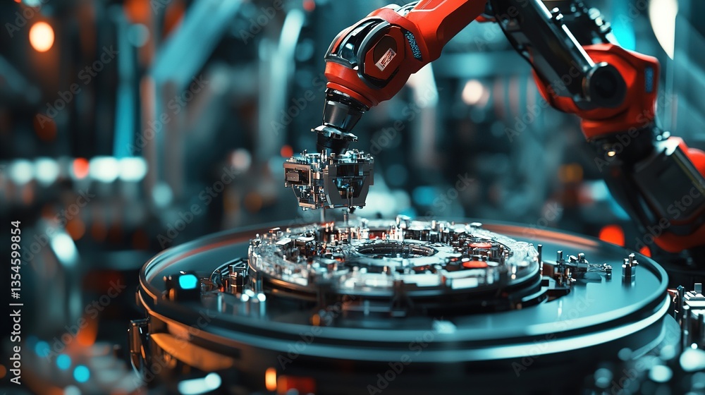 Poster automated robotic arms assembling products in a smart factory.
