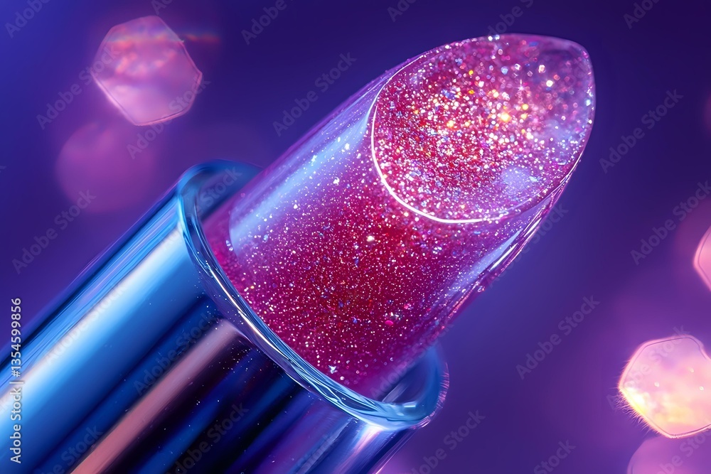 Poster sparkling red lipstick with glitter particles close-up on purple background with bokeh lights, macro