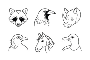 many kinds of pet animal head line drawing vector illustrations