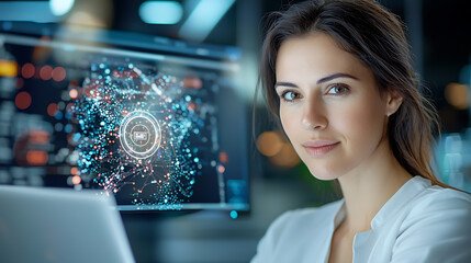 Young woman completing online certification in technology modern workspace digital learning professional environment engaging viewpoint