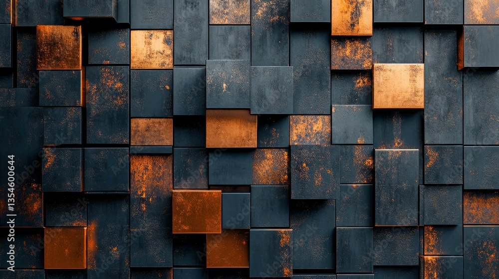 Poster a bold 3d abstract showcasing black cubes with shimmering copper accents arranged in a grid. ideal f