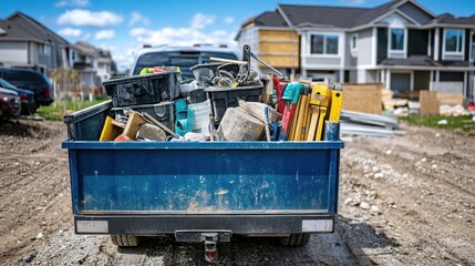 Construction debris and tools in a blue trailer