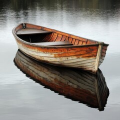 Obraz premium Wooden boat floats gently on calm water reflecting a serene natural landscape at dawn Generative AI