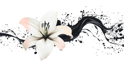 Paint splash forming the silhouette of a lily with delicate petals isolated on a transparent background