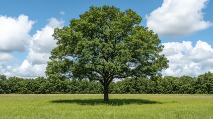 Obraz premium A solitary tree stands majestically in a green field under a bright blue sky, surrounded by fluffy clouds and distant trees.
