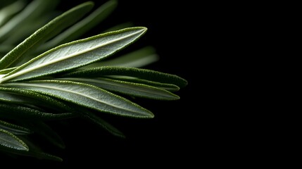 Fresh green rosemary leaves close-up on dark background. Aromatic culinary herb macro photography showing detailed texture and natural pattern.