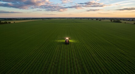 Obraz premium A tractor illuminated working on a large green field