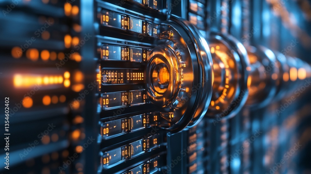 Poster futuristic server room: digital data storage and processing
