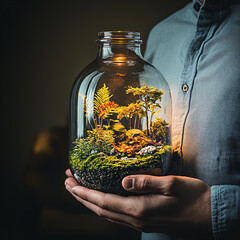 A man wearing a light blue shirt gently holds a glass terrarium against his stomach, symbolizing the gut flora