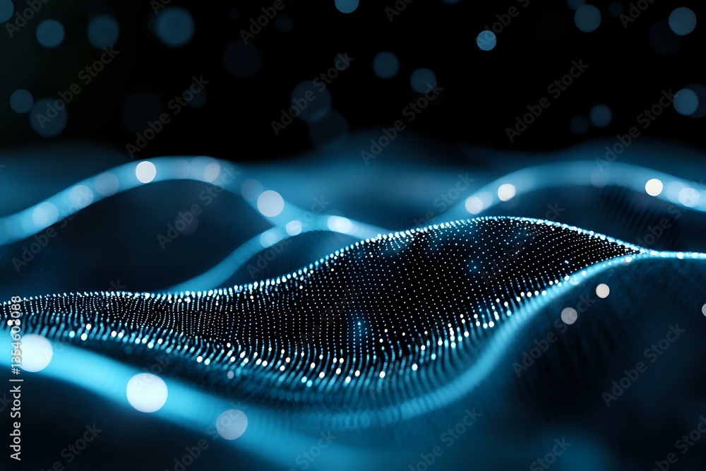 Poster abstract digital wave pattern with glowing blue particles and bokeh effects on dark background, repr