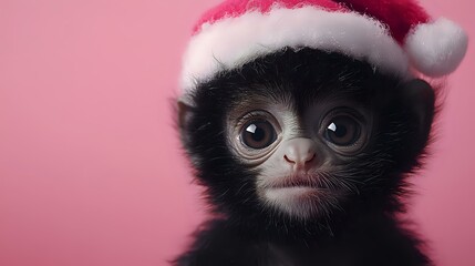 Young black spider monkey wearing red Santa hat against pink background, close-up portrait showing big expressive eyes and cute expression, holiday season wildlife concept.