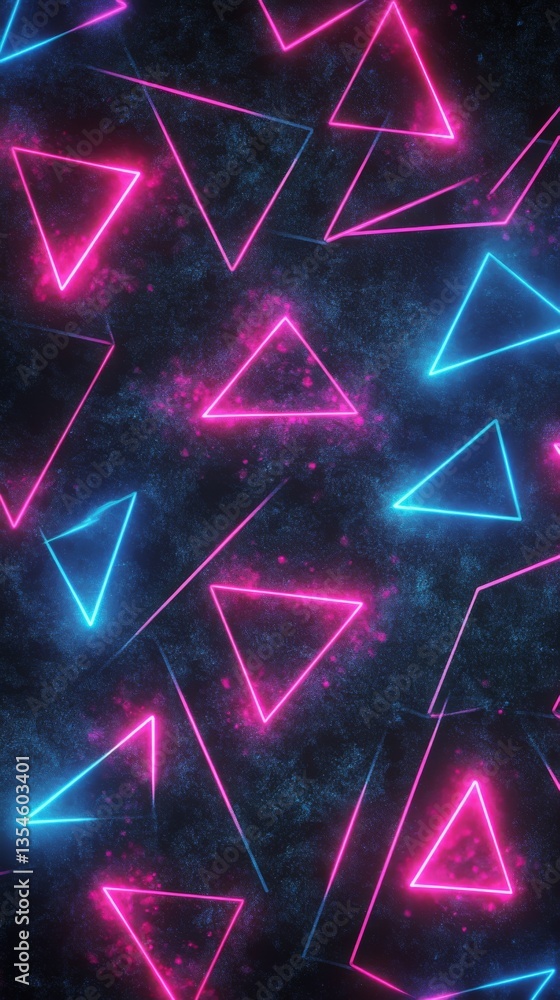 Poster a creative composition of glowing pink and blue neon triangles arranged dynamically on a textured bl