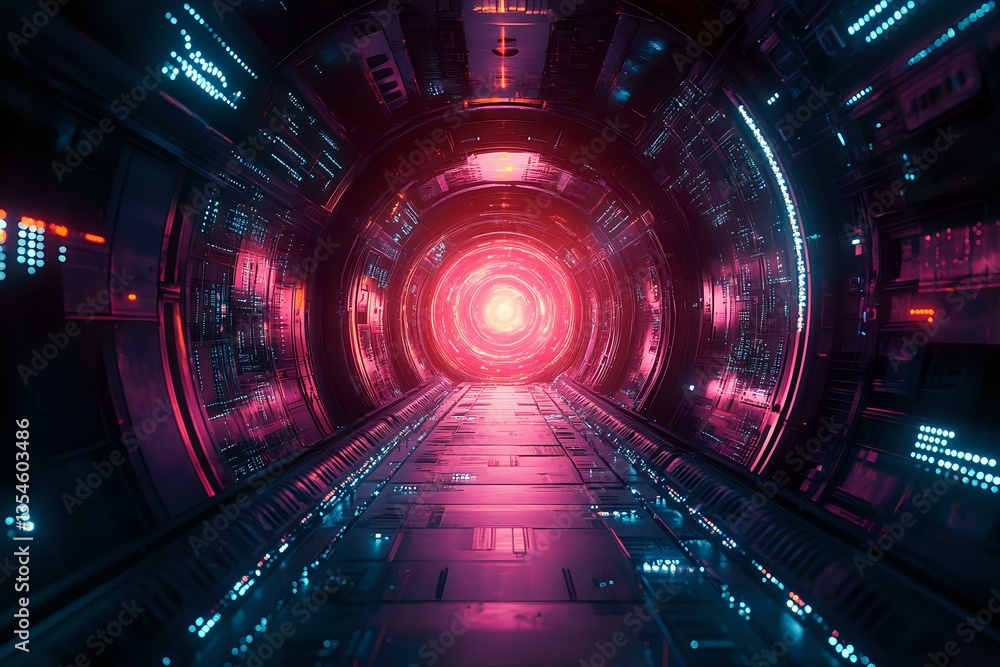 Poster futuristic sci-fi tunnel with glowing pink and blue neon lights creating circular perspective. digit