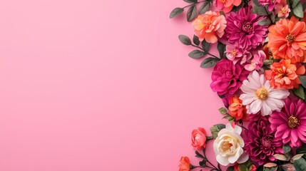 Fototapeta premium A vibrant arrangement of assorted flowers in various colors against a pink background, creating a cheerful and lively aesthetic.