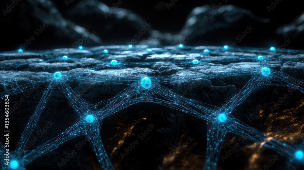 Aufkleber computational landscape featuring interconnected nodes and glowing elements, evoking sense