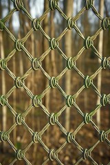 Fototapeta premium Close-up of a Wire Fence with Trees Blurred in the Background