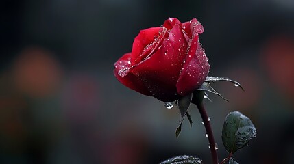 Red rose, water droplets