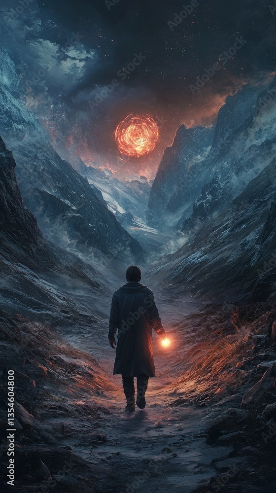 Poster a man stands in a surreal valley illuminated by a glowing red orb in the sky. the fiery hues and tow