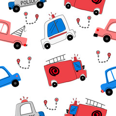Car cartoon pattern design concept.Fire truck ,ambulance car pattern.Design for kid clothing.printing ,fabric pattern.