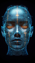 futuristic digital face composed of glowing data patterns and circuits, evoking sense