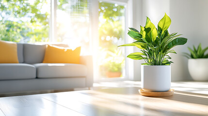 Indoor plant care action modern home living space interior decor image bright environment close-up viewpoint concept of eco-friendly design