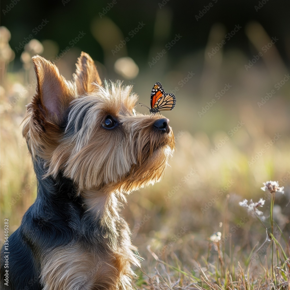 Poster yorkshire terrier enjoys a serene moment in the grass with a butterfly resting delicately on its nos