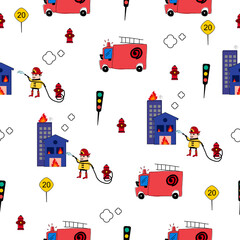 Cartoon pattern.Fire collection.firefighter pattern.Fire truck and equipment pattern design for print ,fabric ,decoration, banner