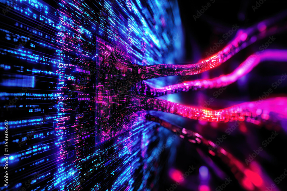 Poster vibrant digital network with glowing data streams and interconnected nodes creates futuristic