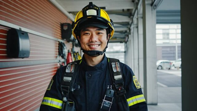 Friendly Asian firefighter in protective helmet and uniform proudly smiling at fire station facility. Concept of trust and reliable emergency services.