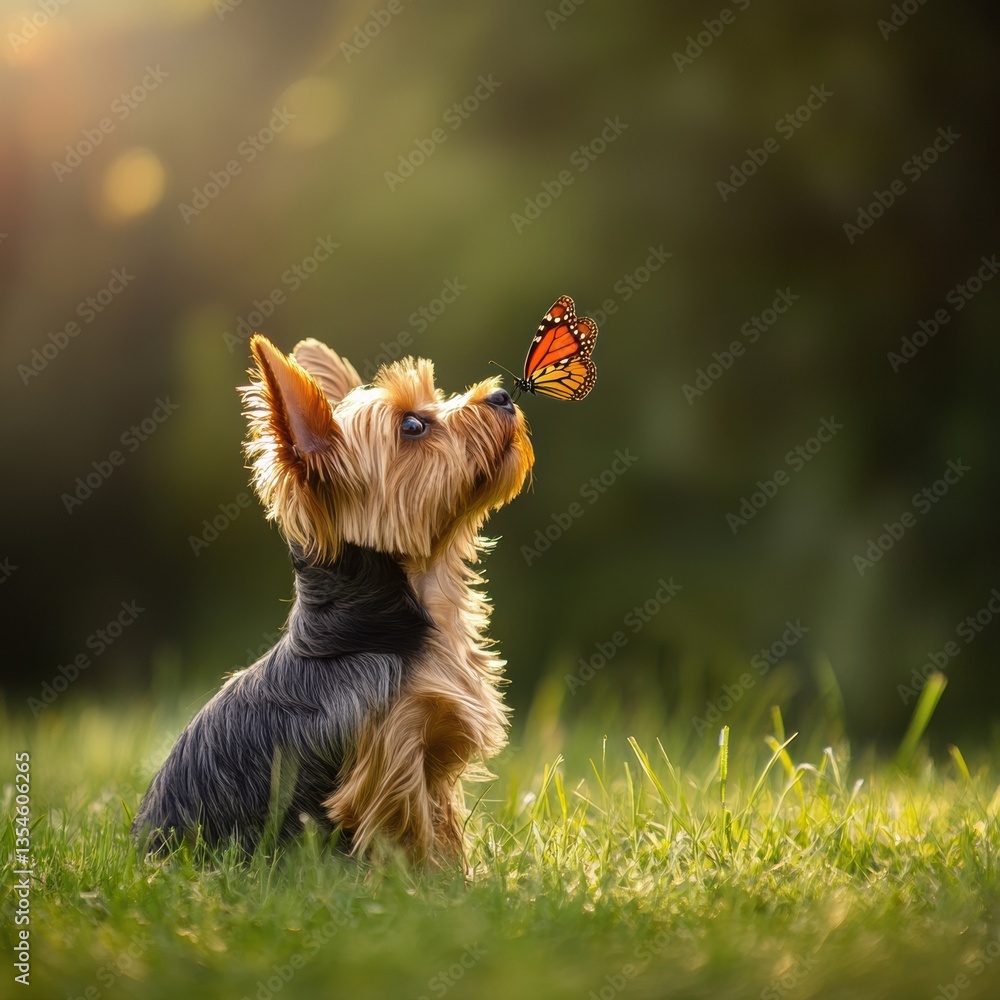 Aufkleber yorkshire terrier interacts with a butterfly in grass while basking in the warmth of a sunny afterno