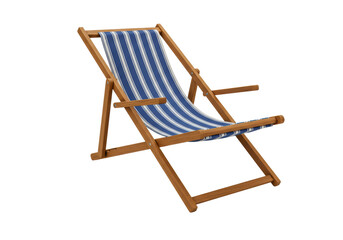 Isolated Stylish Wooden Beach Chair with Blue and White Fabric