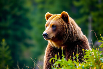 Grizzly Bear with Vibrant, Rich Fur Colors Gracefully Moving Through a Blurred Forest, Capturing Its Majestic Presence, Vibrant Wallpaper