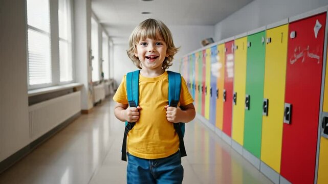 Happy young Caucasian schoolboy smiling cheerfully with backpack standing in colorful school corridor. Concept of excitement for learning and educational enthusiasm.