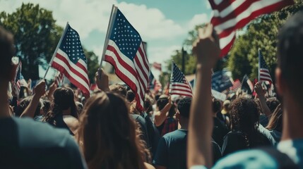 A large crowd of people at an outdoor event, many holding small American flags. T