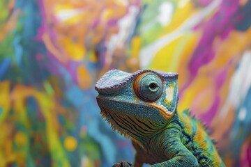 Fototapeta premium Colorful Chameleon Portrait, Vibrant Scales, Exotic Pet, Close-up Macro Photography