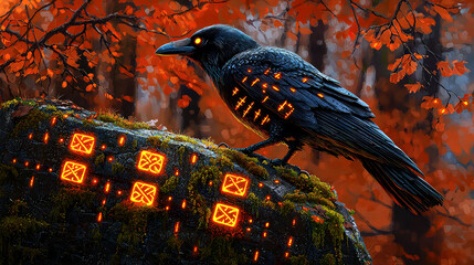 Mystical Raven in Autumn Forest: Glowing Symbols and Ancient Magic