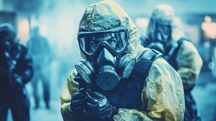 Hazmat Team Operative in Protective Gear Amidst a Hazardous Environment