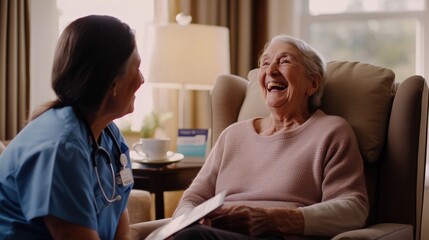 A joyful moment between a nurse and an elderly lady in care