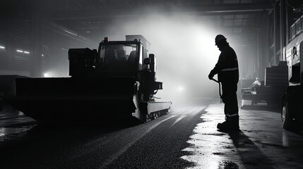 Worker Overseeing Asphalt Paving Machine Operation Inside