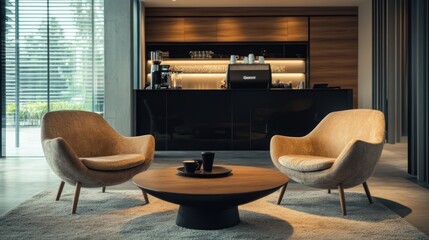Modern Lounge Area with Coffee Table and Espresso Machine