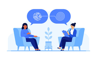 Female psychologist and patient talking in therapy session. Psychology, mental health support, counseling, treatment, emotional wellness concept. Flat vector illustration isolated on white background 