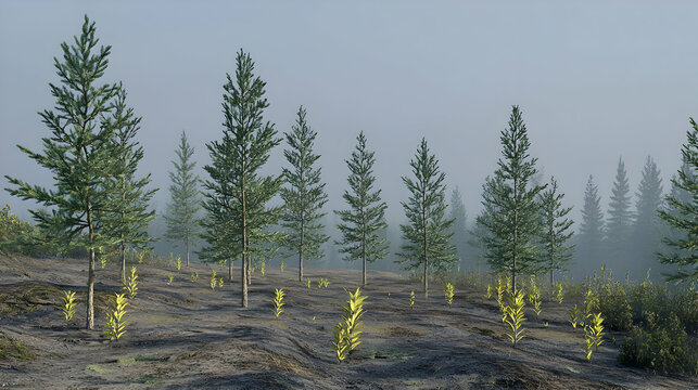 Misty forest landscape after wildfire.  Young trees and vegetation re-emerging on scorched earth