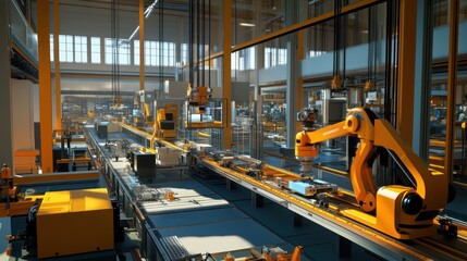 Automated Factory Production Line:  High-Tech Industrial Robotics and Manufacturing Process