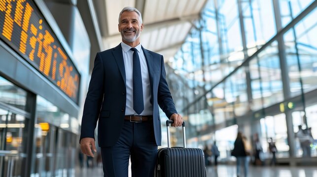 Confident businessman in tailored suit at airport for international conference